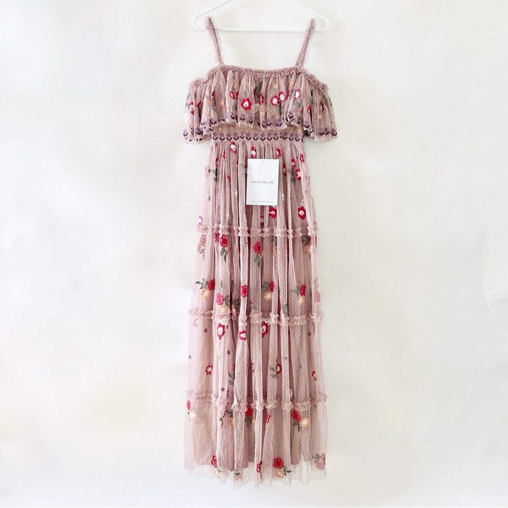 NWT Maya Deluxe Floral Embroidered Off Shoulder Ruffle Maxi Gown Dress Pink 2 - Picture 2 of 15